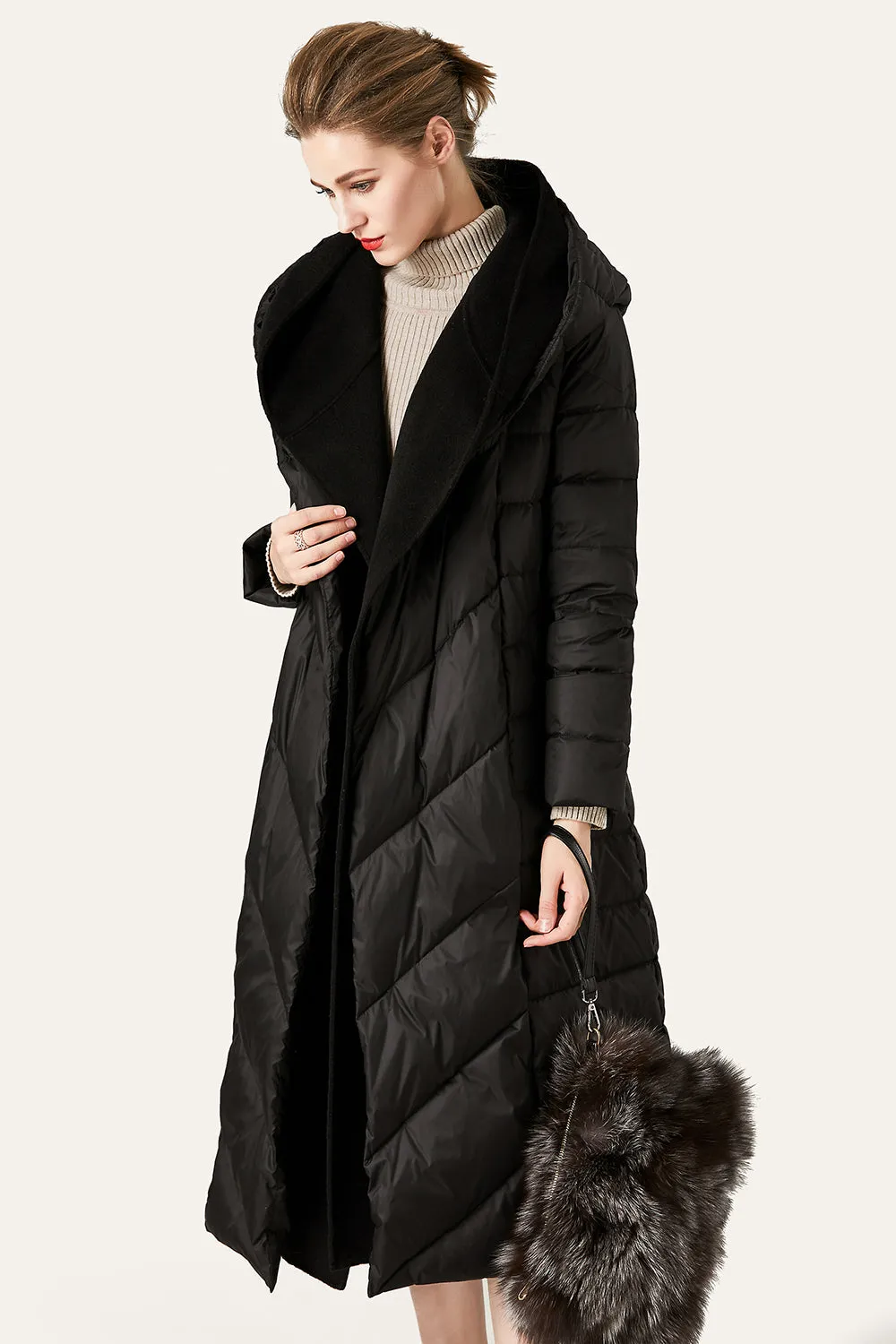 Black Button Quilted Puffer Jacket with Faux Fur Hood sold by Zapaka product image thumbnail 3