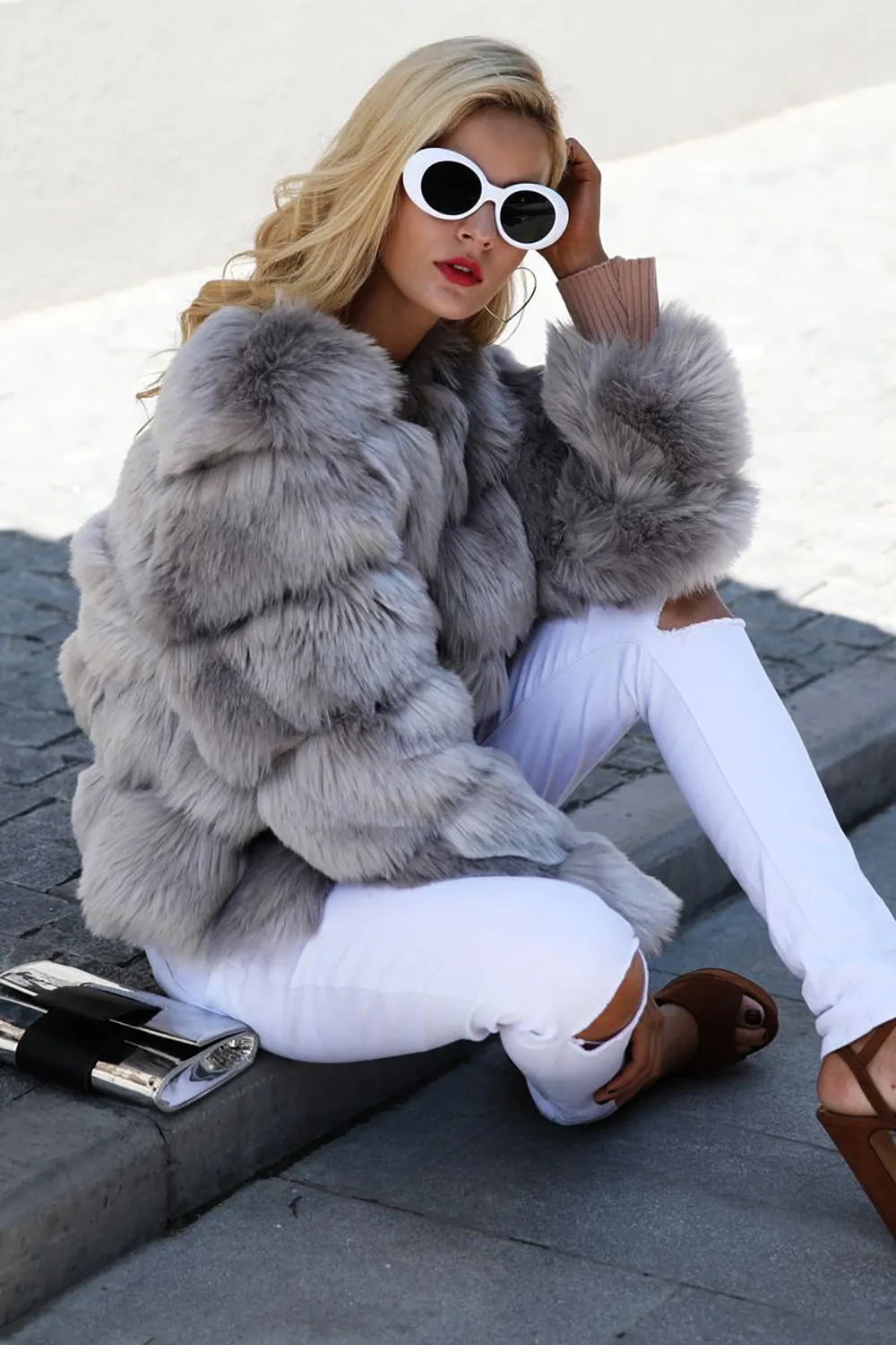 Grey Fluffy Cropeed Shawl Lapel Faux Fur Shearling Coat sold by Zapaka product image thumbnail 4