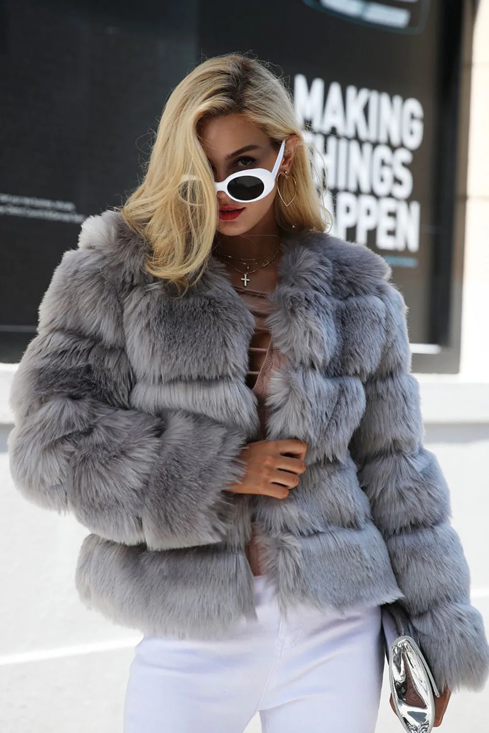 Grey Fluffy Cropeed Shawl Lapel Faux Fur Shearling Coat sold by Zapaka product image thumbnail 3