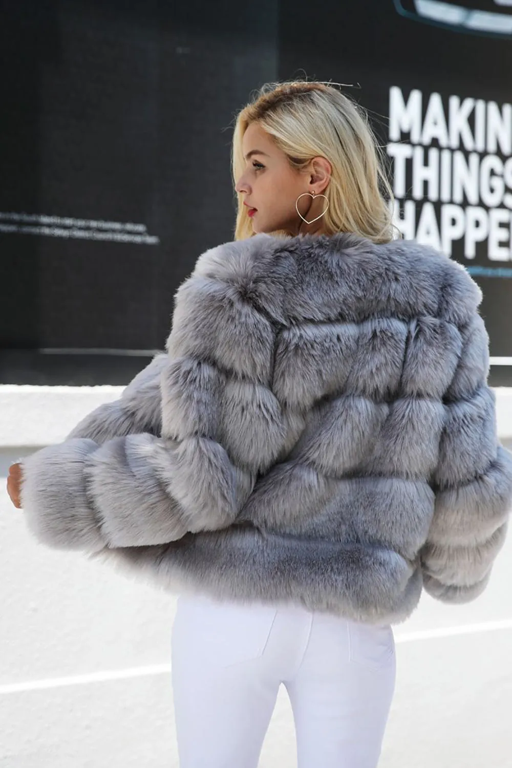 Grey Fluffy Cropeed Shawl Lapel Faux Fur Shearling Coat sold by Zapaka product image thumbnail 2