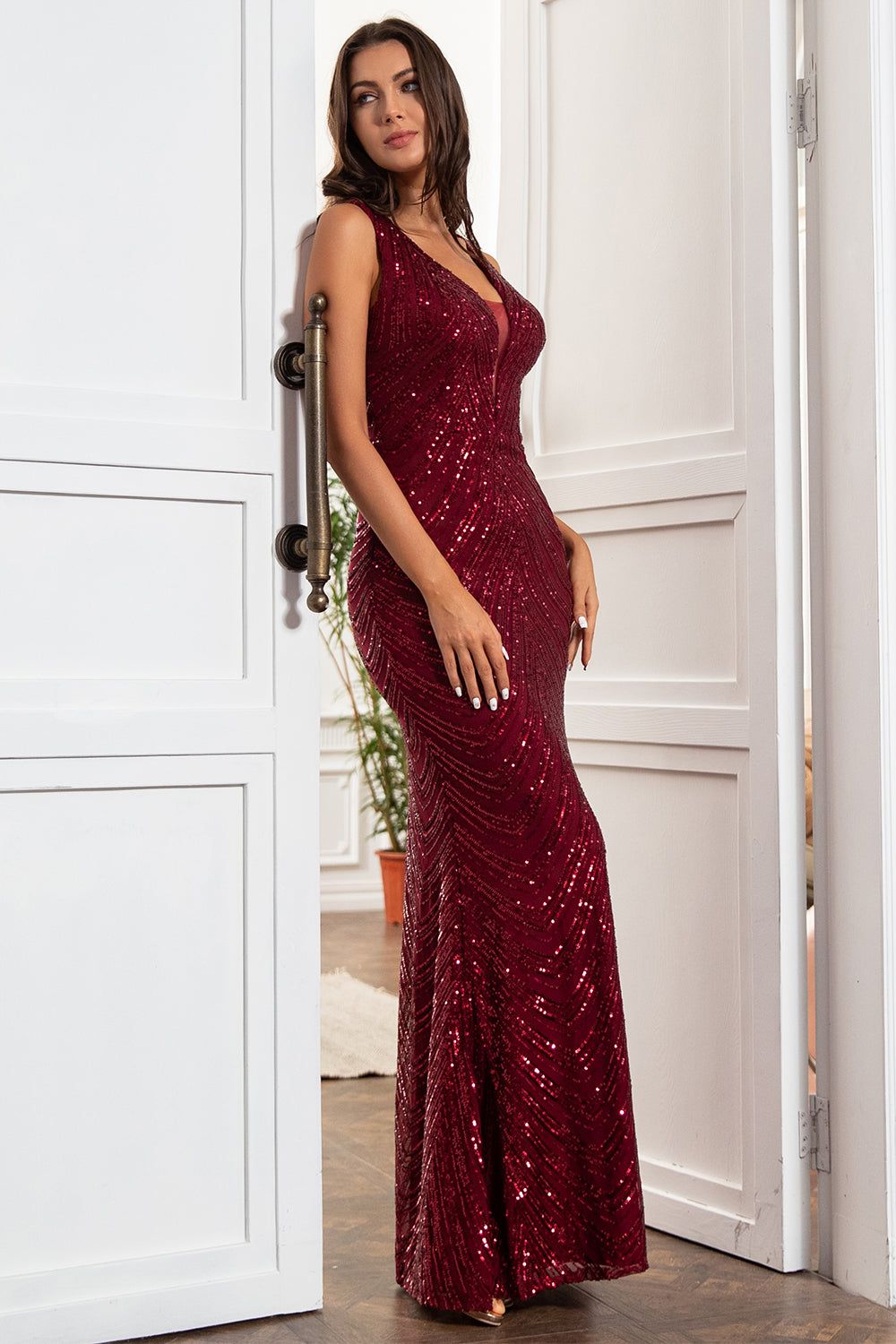 Sheath Deep V Neck Burgundy Sequins Prom Dress sold by Zapaka product image thumbnail 5