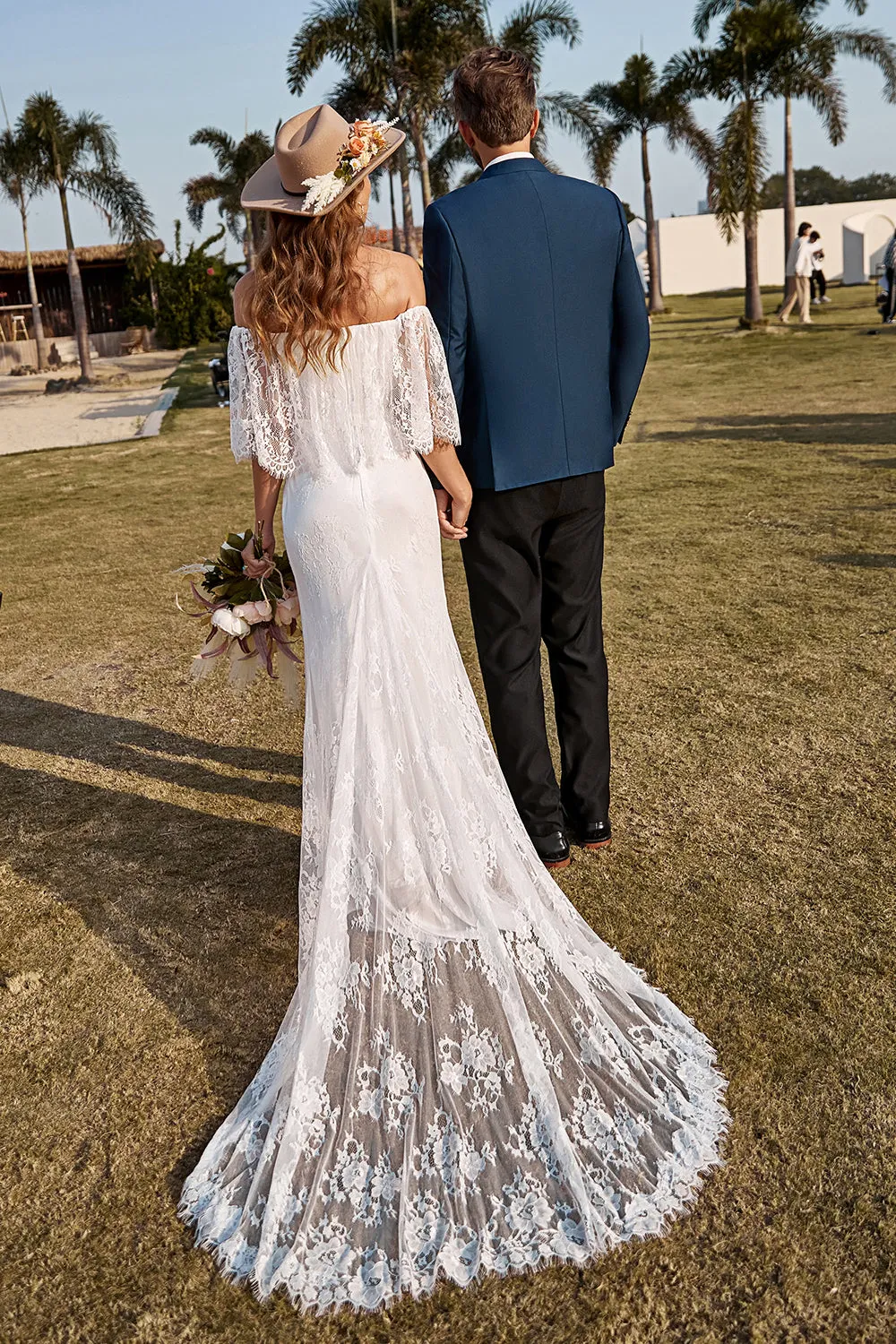 Ivory Mermaid Off The Shoulder Lace Boho Wedding Dress With Sweep Train sold by Zapaka product image thumbnail 2