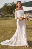 Ivory Mermaid Off The Shoulder Lace Boho Wedding Dress With Sweep Train sold by Zapaka