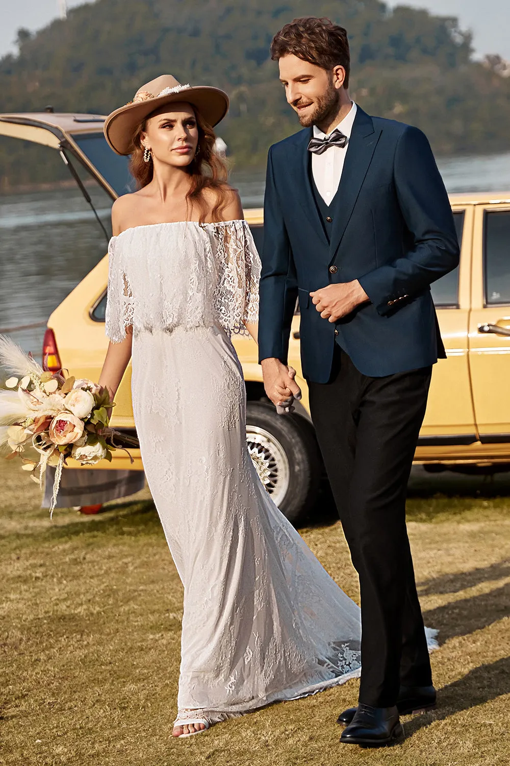 Ivory Mermaid Off The Shoulder Lace Boho Wedding Dress With Sweep Train sold by Zapaka product image thumbnail 4