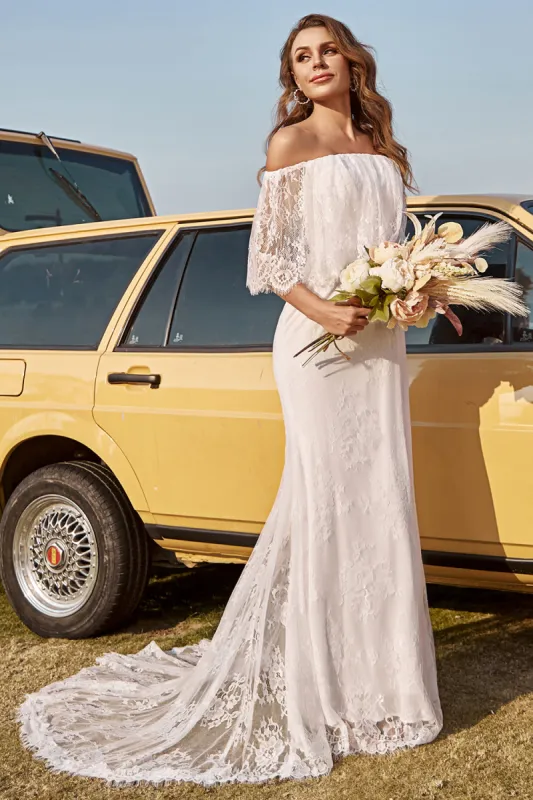 Ivory Mermaid Off The Shoulder Lace Boho Wedding Dress With Sweep Train sold by Zapaka