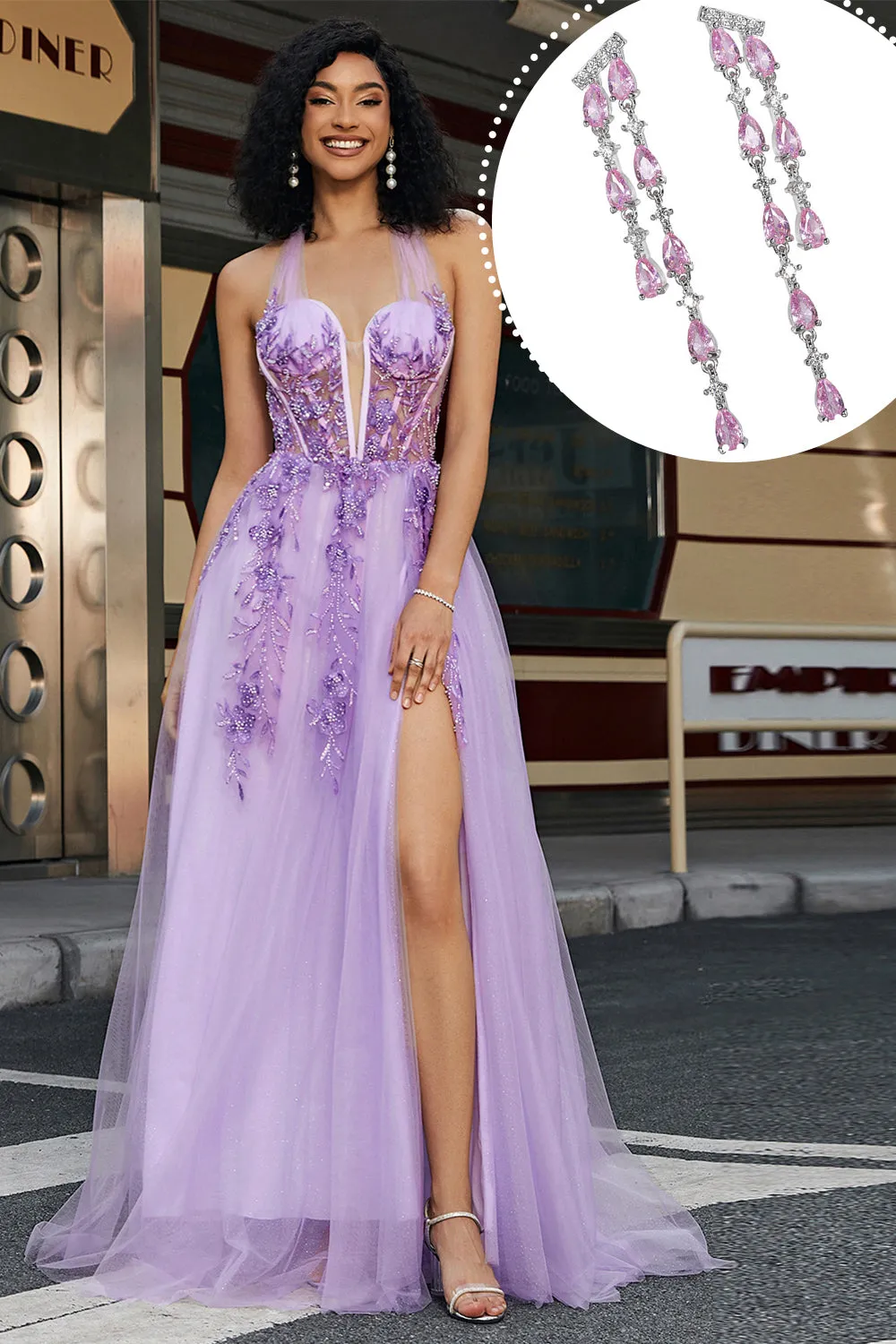 Gorgeous A Line Halter Neck Grey Purple Corset Applique Prom Dress With Accessories Set sold by Zapaka