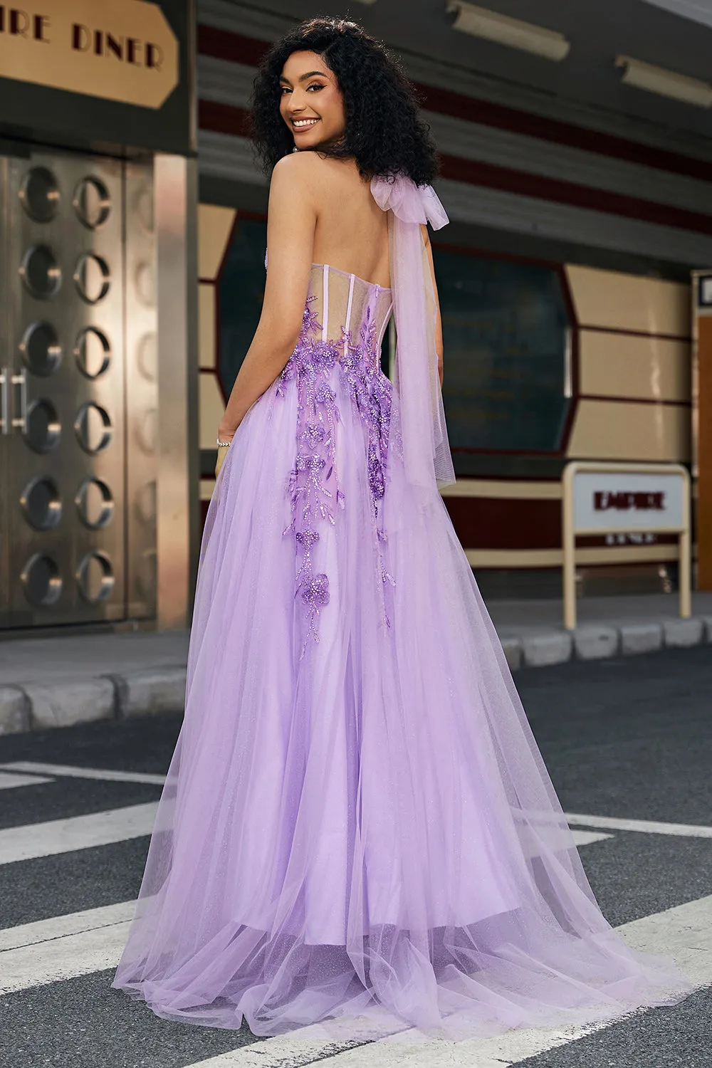 Gorgeous A Line Halter Neck Grey Purple Corset Applique Prom Dress With Accessories Set sold by Zapaka product image thumbnail 2