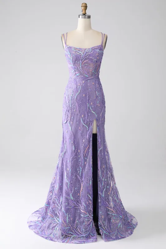 Mermaid Lace-Up Back Lilac Sequins Prom Dress with Slit sold by Zapaka