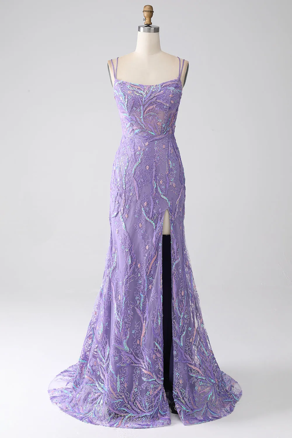 Mermaid Lace-Up Back Lilac Sequins Prom Dress with Slit sold by Zapaka