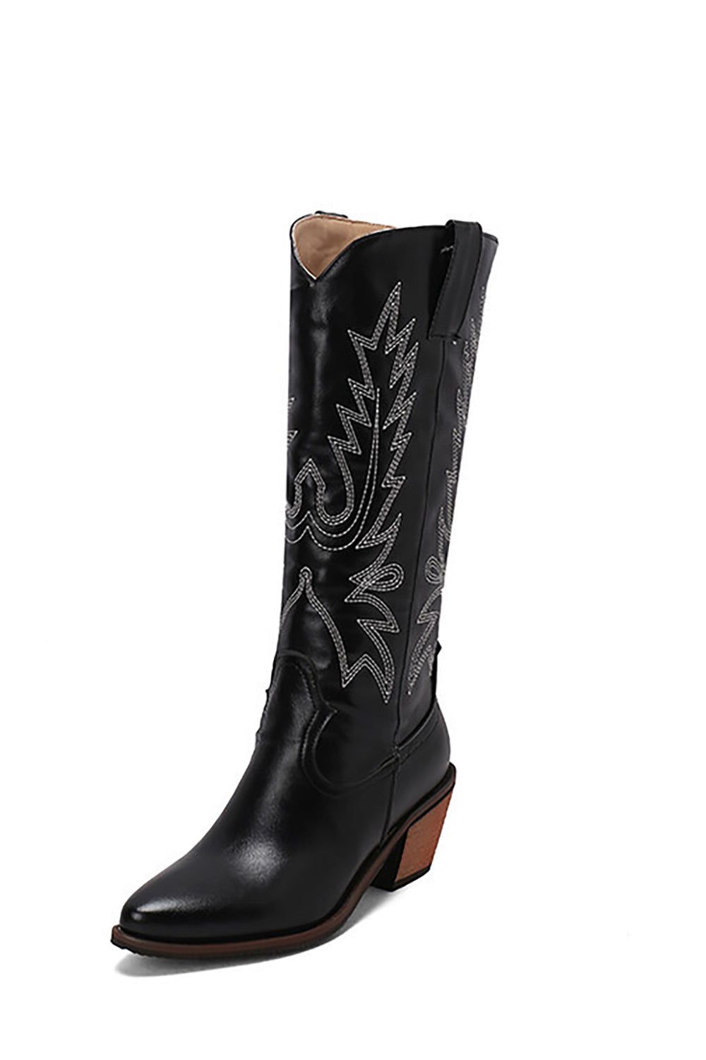 Black Stitched Chunky Heel High Western Boots sold by Zapaka product image thumbnail 5