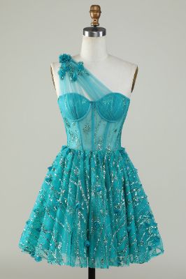 Gorgeous A Line One Shoulder Green Corset Homecoming Dress with Beaded sold by Zapaka