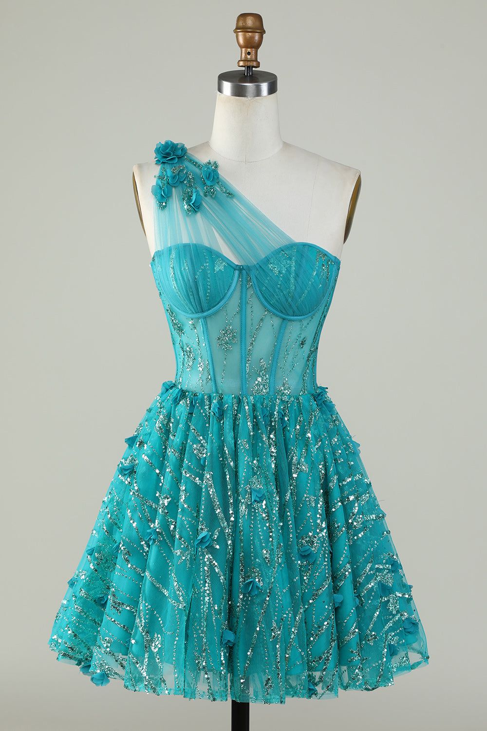 Gorgeous A Line One Shoulder Green Corset Homecoming Dress with Beaded sold by Zapaka