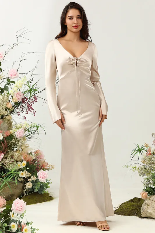 V-Neck Champagne Long Bridesmaid Dress with Sleeves sold by Zapaka