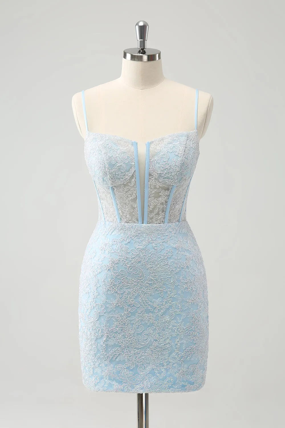 Light Blue Bodycon Spaghetti Straps Corset Homceoming Dress with Sequins sold by Zapaka