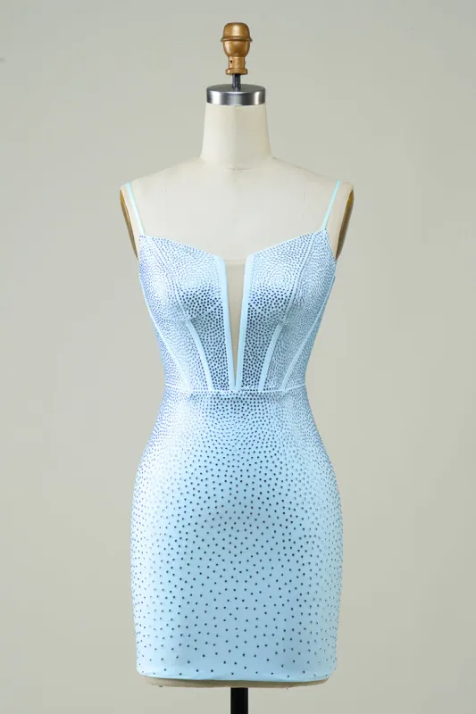 Stylish Sheath Spaghetti Straps Blue Short Homecoming Dress with Beading sold by Zapaka