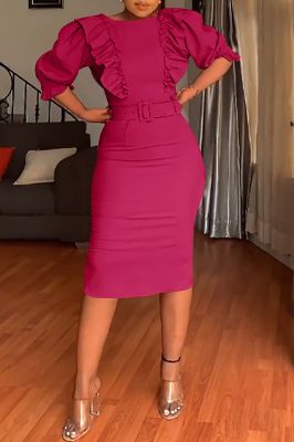 Bodycon Round Neck Fuchsia Work Dress With Puff Ruffle Sleeves sold by Zapaka