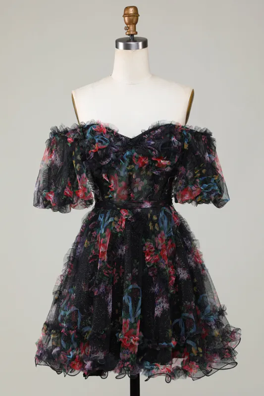 Stylish A Line Off the Shoulder Black Tulle Short Homecoming Dress with Short Sleeves sold by Zapaka