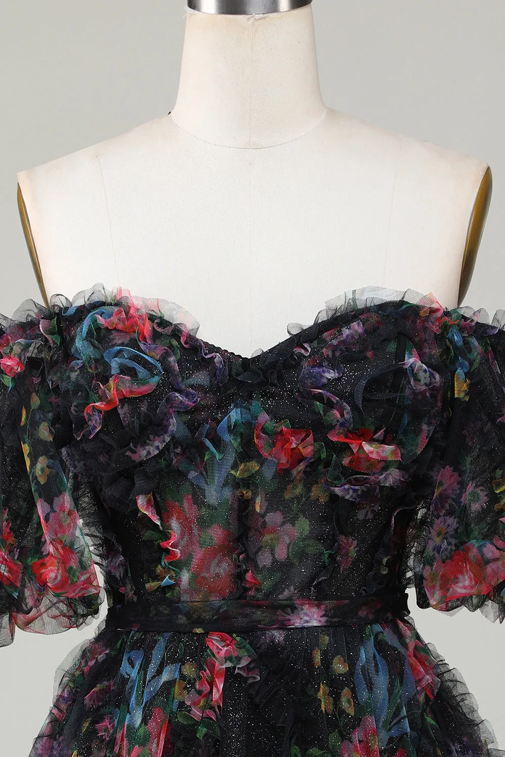 Stylish A Line Off the Shoulder Black Tulle Short Homecoming Dress with Short Sleeves sold by Zapaka product image thumbnail 4