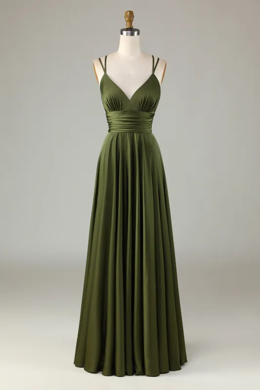 A-Line Sleeveless Olive Long Bridesmaid Dress sold by Zapaka