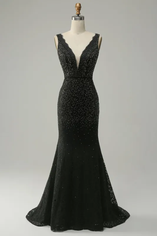 Mermaid Deep V Neck Black Lace Long Prom Dress with Beading sold by Zapaka