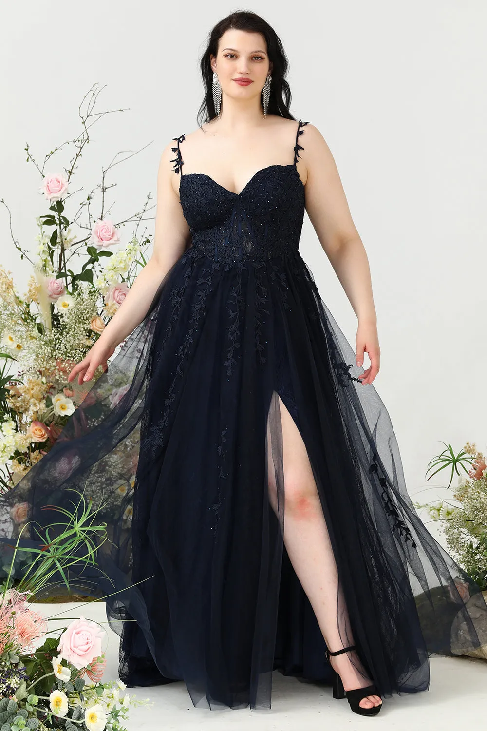 A Line Spaghetti Straps Navy Plus Size Prom Dress with Appliques sold by Zapaka product image thumbnail 4
