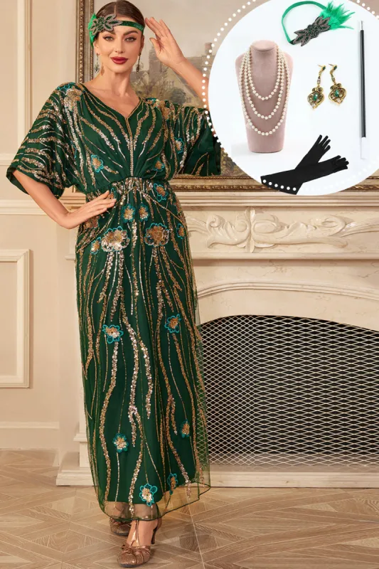Sparkly Dark Green Flowers Sequins Long 1920s Dress with Accessories Set sold by Zapaka