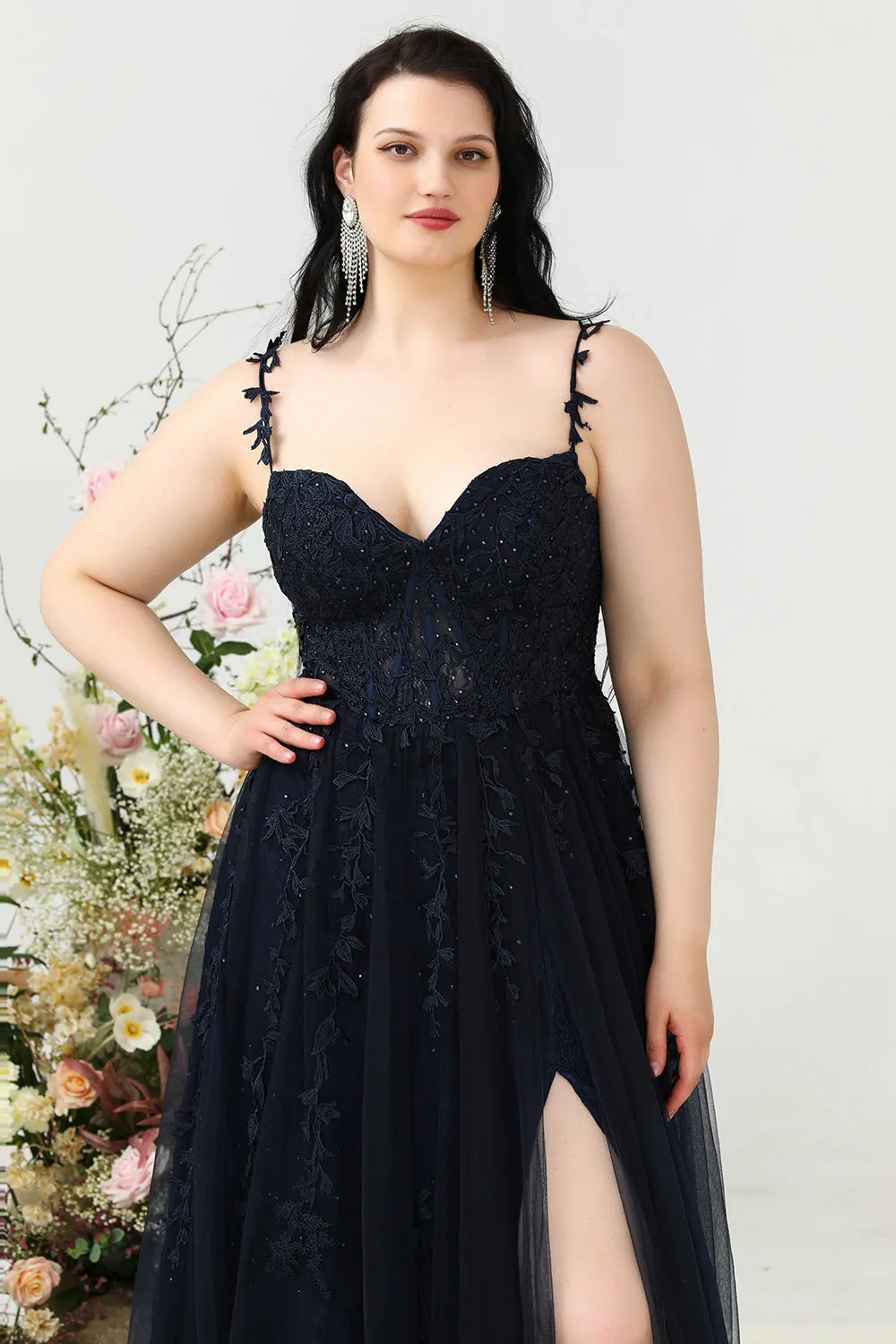 A Line Spaghetti Straps Navy Plus Size Prom Dress with Appliques sold by Zapaka product image thumbnail 5