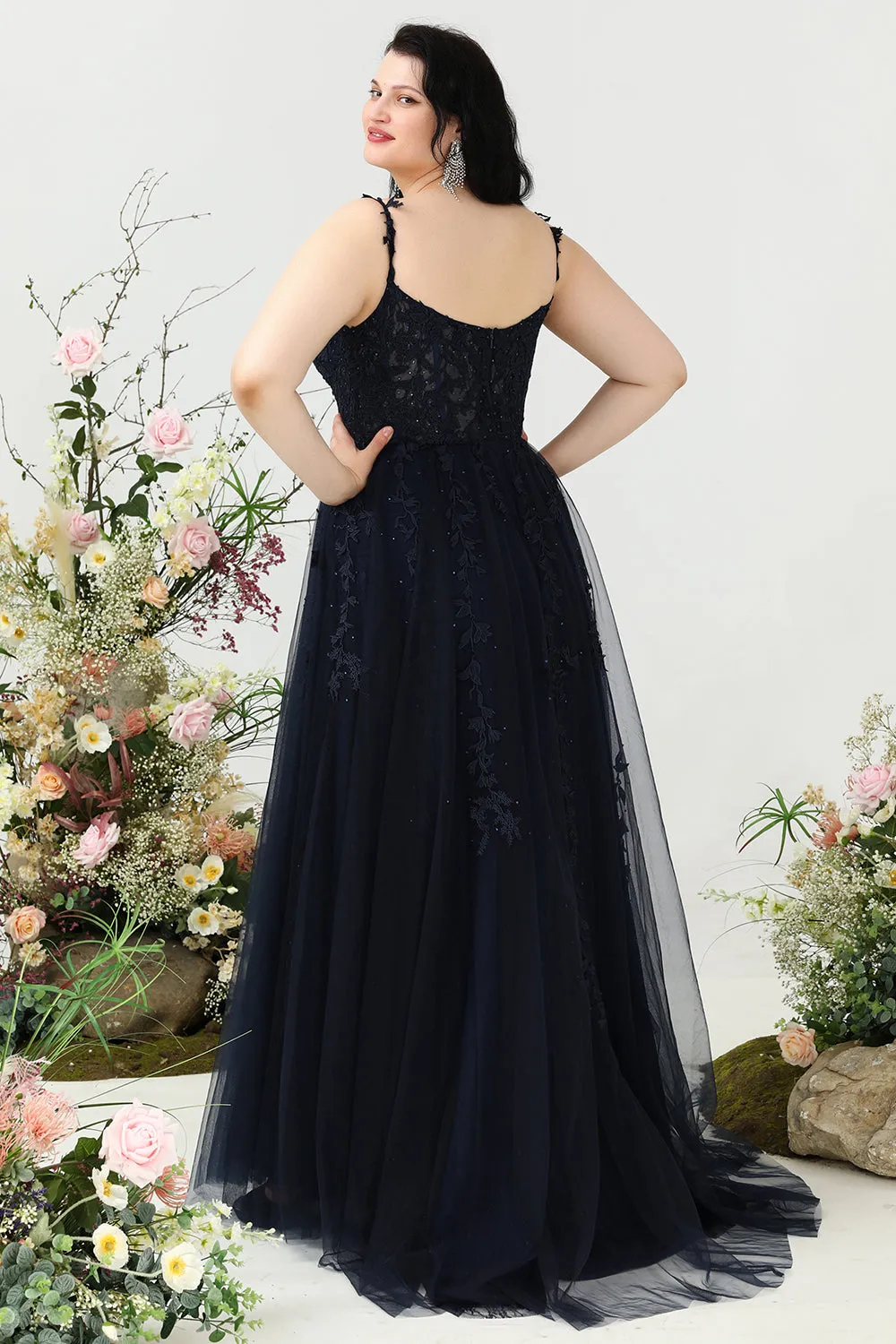 A Line Spaghetti Straps Navy Plus Size Prom Dress with Appliques sold by Zapaka product image thumbnail 2