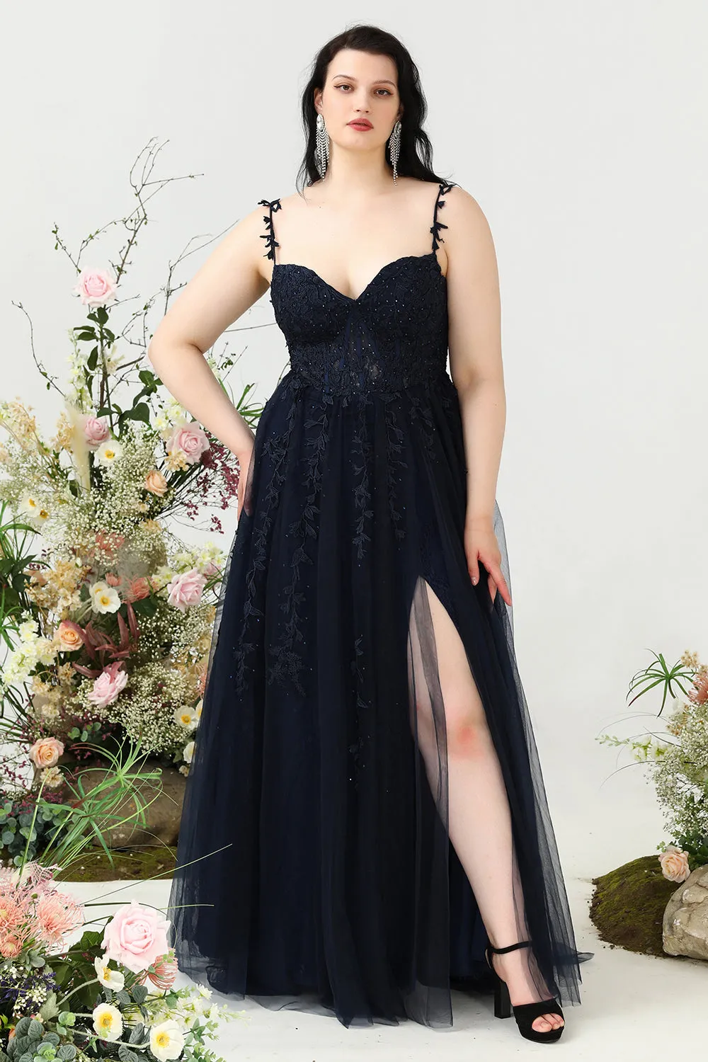 A Line Spaghetti Straps Navy Plus Size Prom Dress with Appliques sold by Zapaka