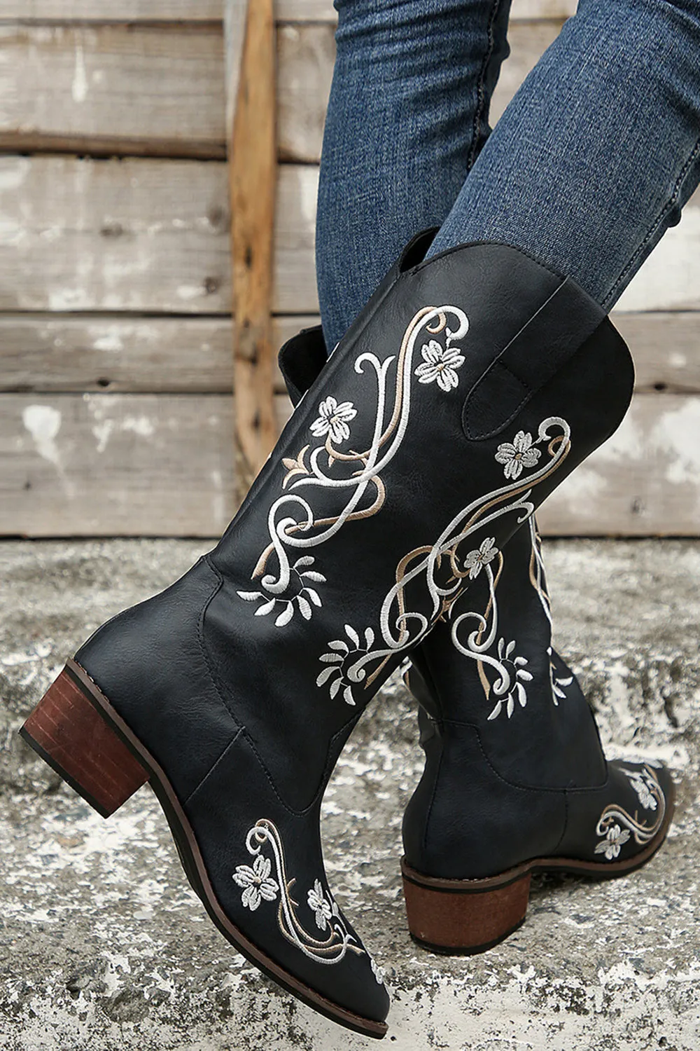 Black Embroidered Pointed Toe Chunky Heel Western Boots sold by Zapaka product image thumbnail 5