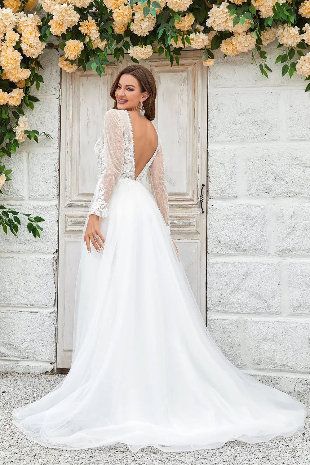 Deep V-Neck Ivory Tulle Sweep Train Wedding Dress with Lace sold by Zapaka product image thumbnail 2