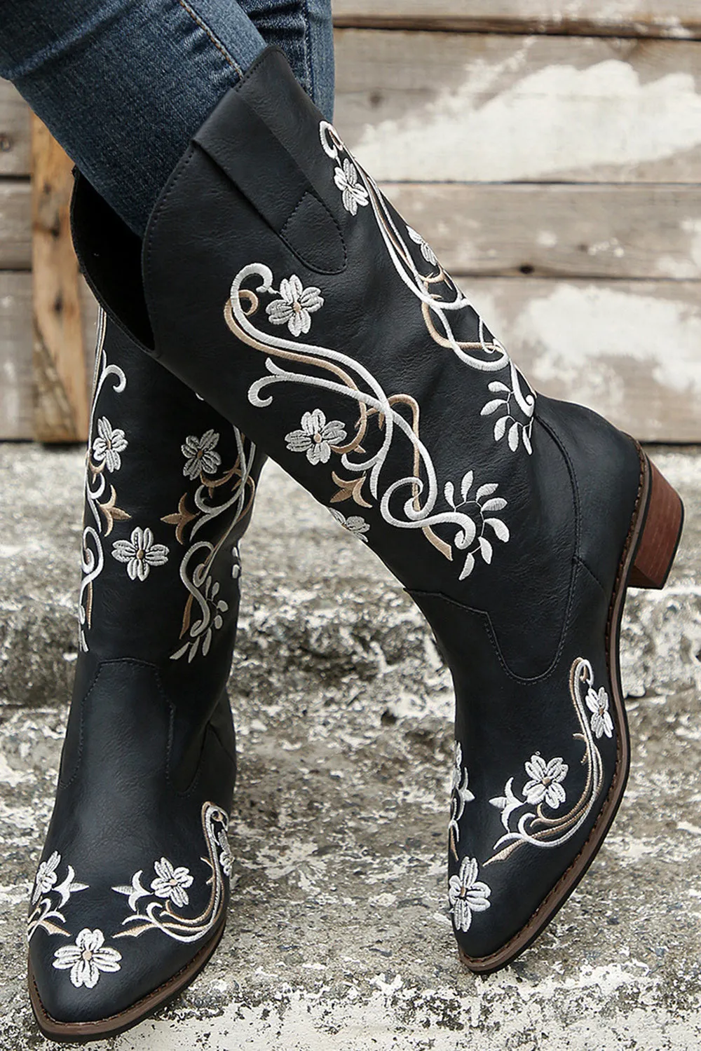 Black Embroidered Pointed Toe Chunky Heel Western Boots sold by Zapaka product image thumbnail 3