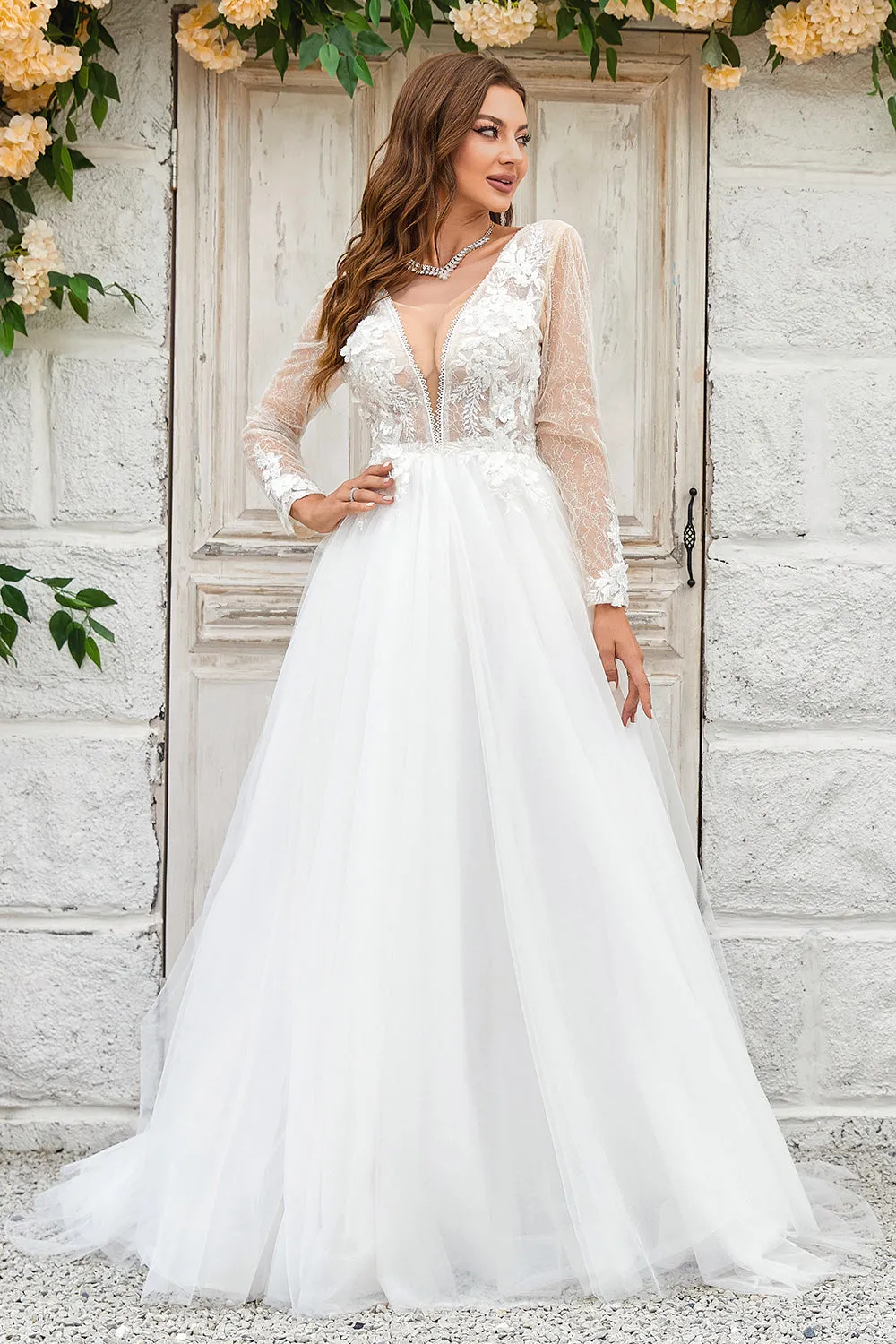 Deep V-Neck Ivory Tulle Sweep Train Wedding Dress with Lace sold by Zapaka product image thumbnail 3