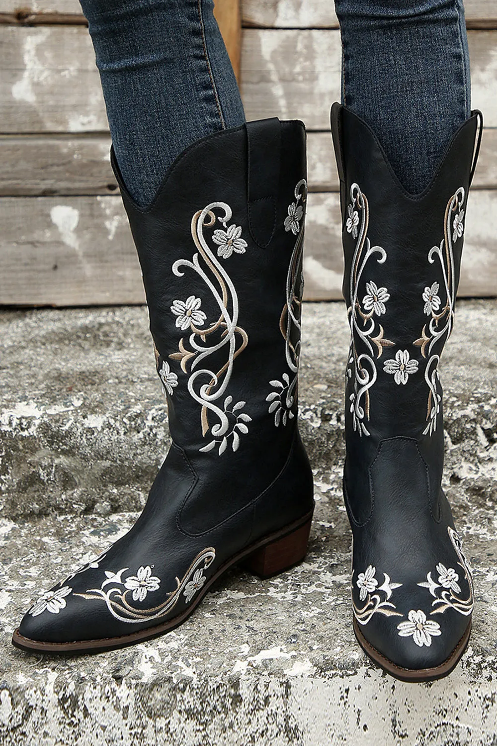 Black Embroidered Pointed Toe Chunky Heel Western Boots sold by Zapaka