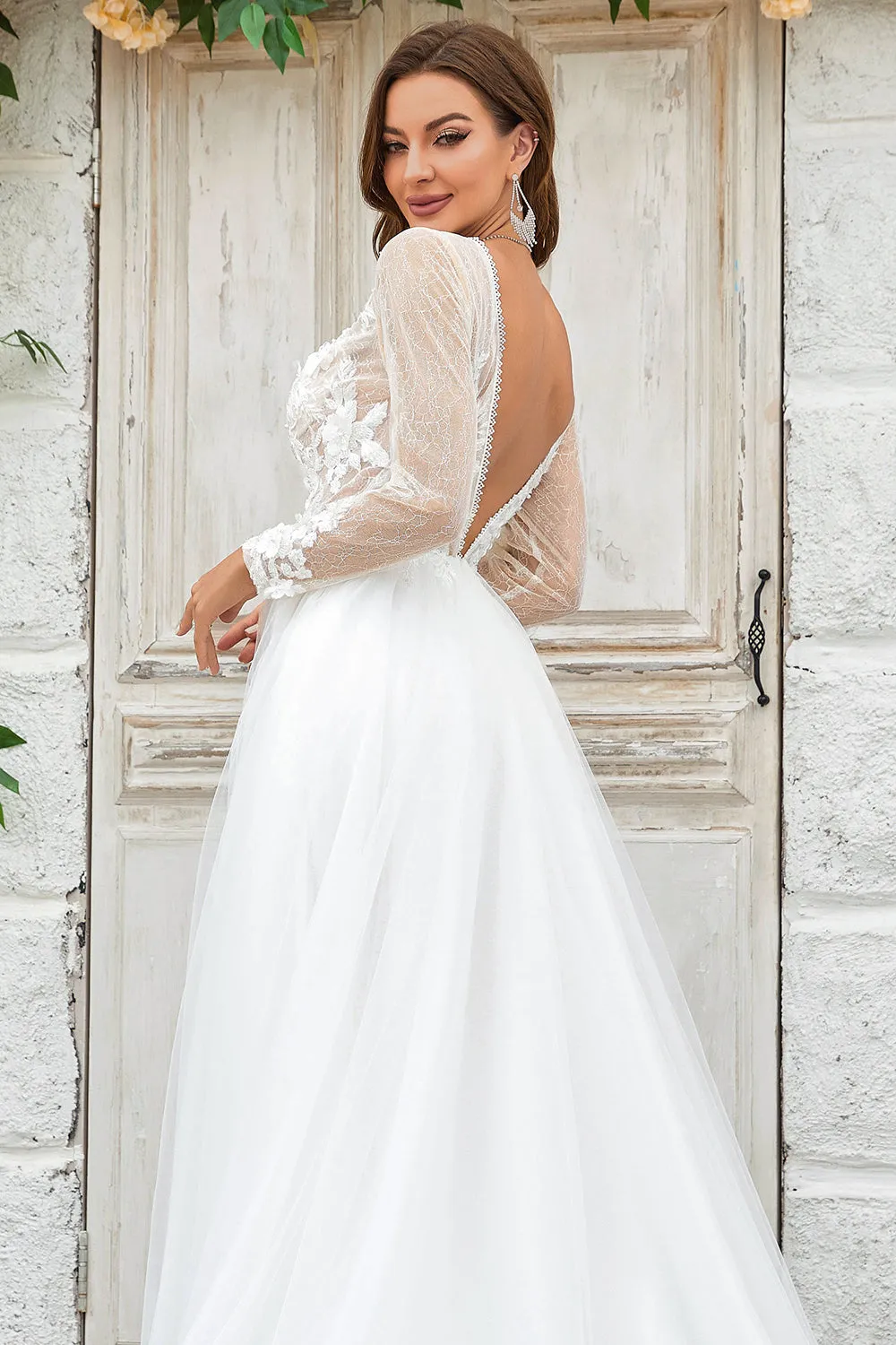 Deep V-Neck Ivory Tulle Sweep Train Wedding Dress with Lace sold by Zapaka product image thumbnail 4