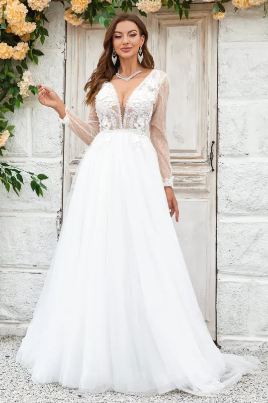 Deep V-Neck Ivory Tulle Sweep Train Wedding Dress with Lace sold by Zapaka