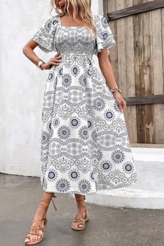 White Square Neck Printed Summer Dress With Short Sleeves sold by Zapaka