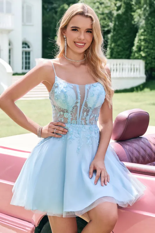 Cute Glitter A Line Beaded Corset Tulle Blue Homecoming Dress with Appliques sold by Zapaka