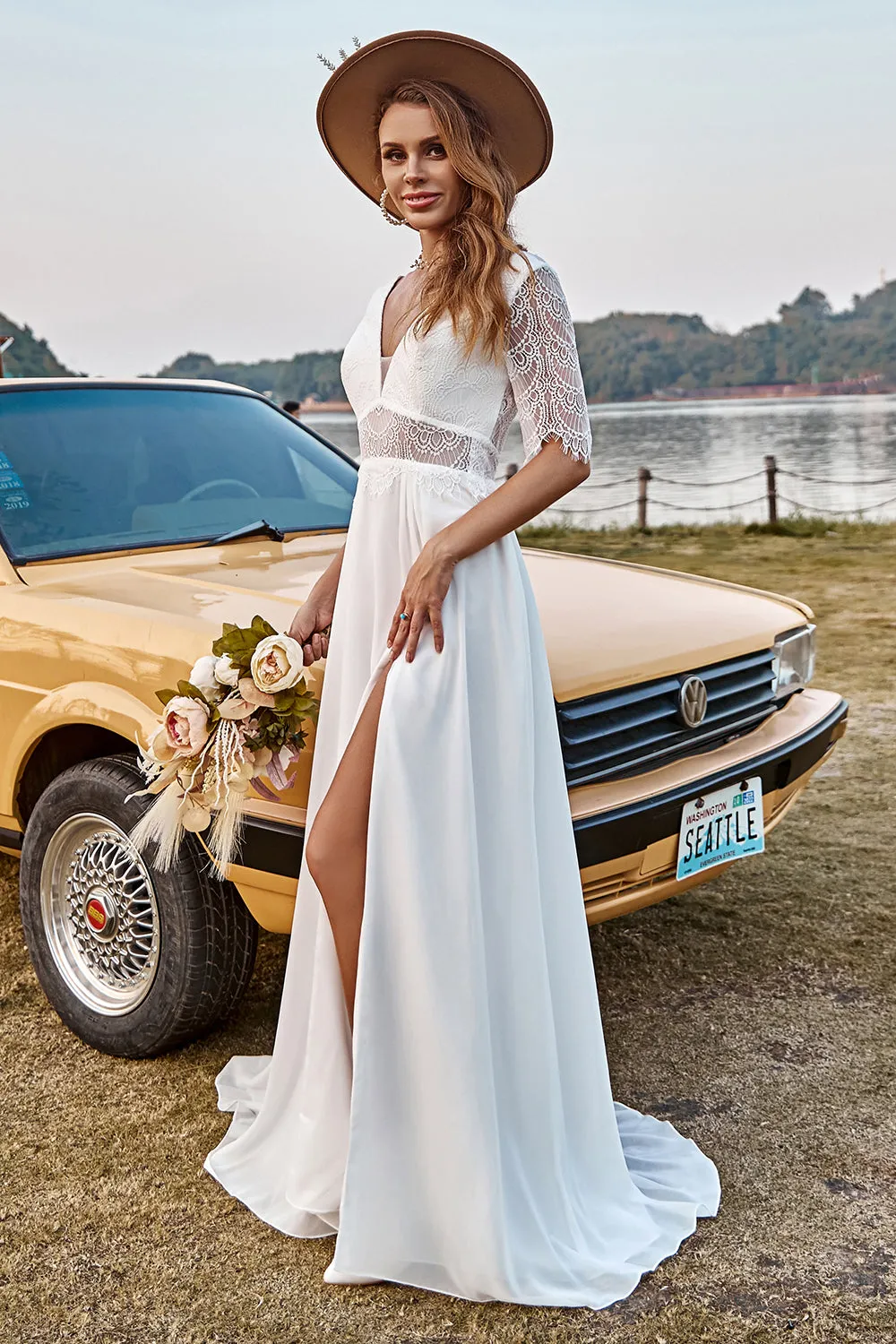 Ivory Lace Chiffon Half Sleeves Boho Wedding Dress With Slit sold by Zapaka product image thumbnail 3