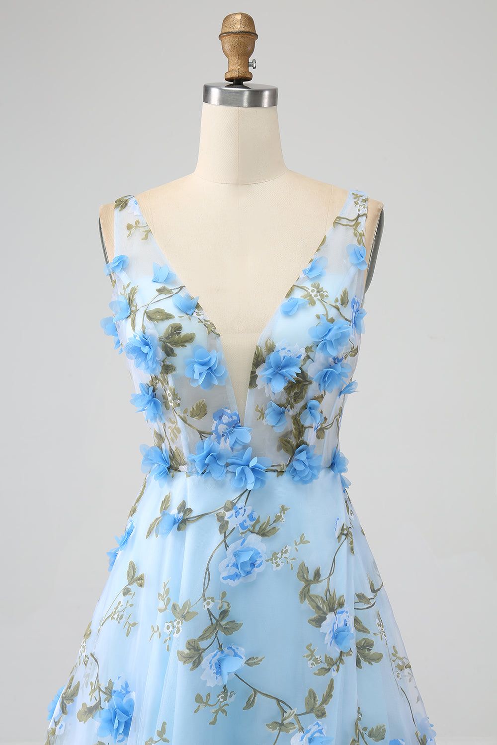Blue A-Line V-Neck Long Prom Dress with 3D Flowers sold by Zapaka product image thumbnail 4