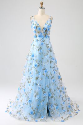 Blue A-Line V-Neck Long Prom Dress with 3D Flowers sold by Zapaka