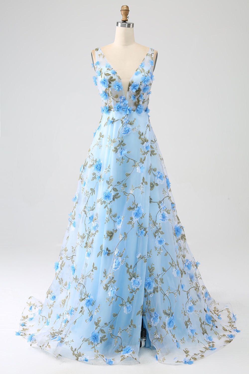 Blue A-Line V-Neck Long Prom Dress with 3D Flowers sold by Zapaka