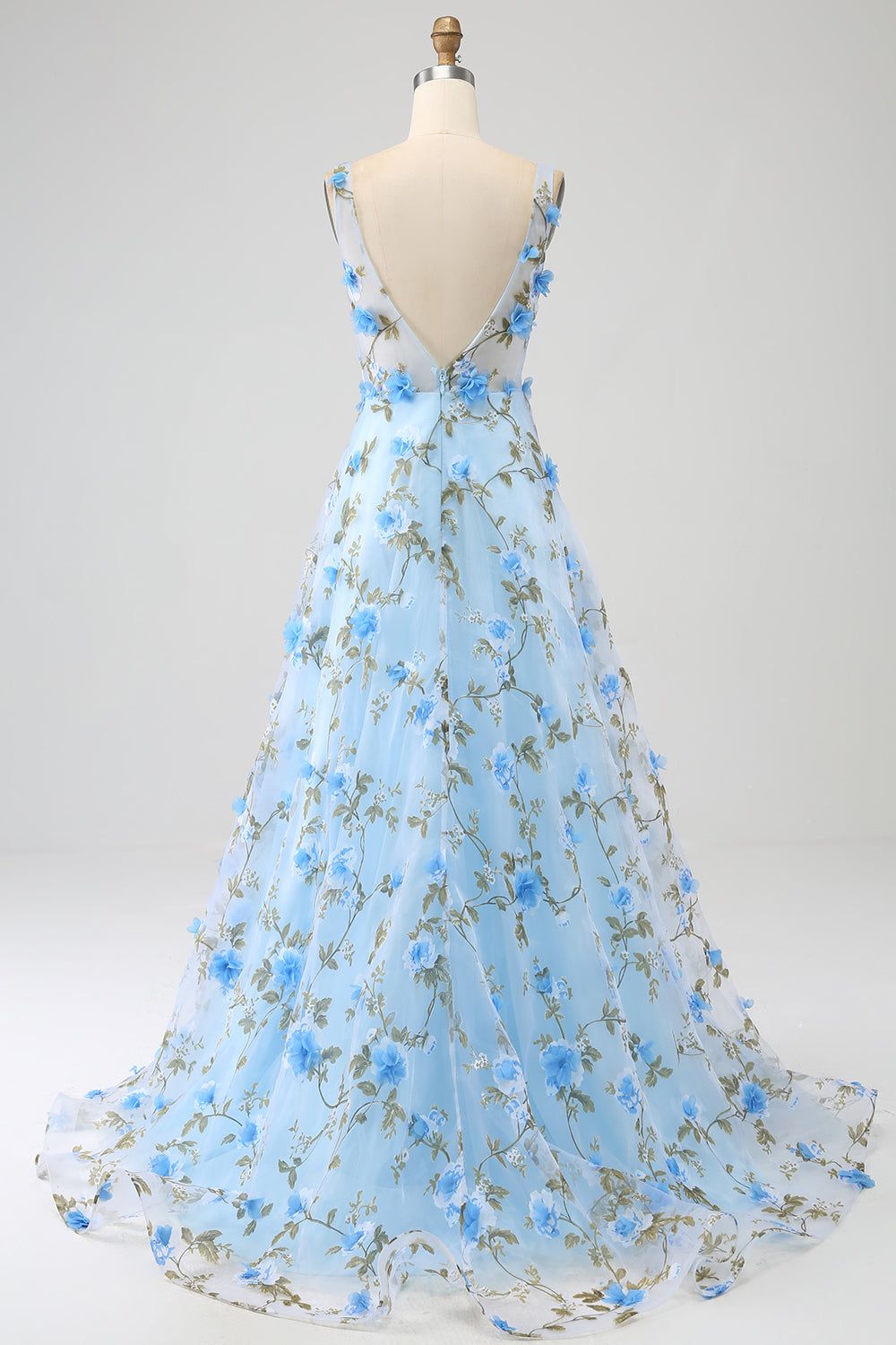Blue A-Line V-Neck Long Prom Dress with 3D Flowers sold by Zapaka product image thumbnail 2