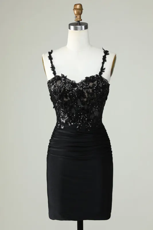 Sheath Spaghetti Straps Black Short Homecoming Dress with Appiques made by Zapaka