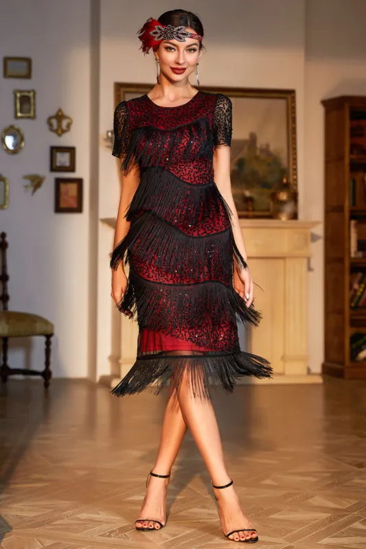 Jewel Neck Black Red Beaded Gatsby Fringed Flapper Dress sold by Zapaka