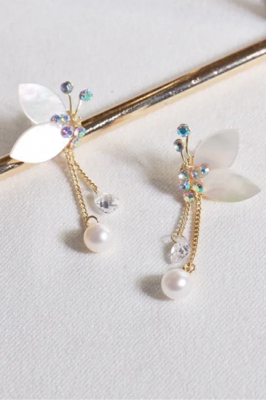 Freshwater Pearl Crystal Shell Butterfly Earrings sold by Zapaka