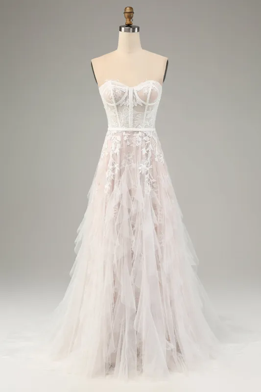 White A Line Sweetheart Sweep Train Corset Wedding Dress with Applique Lace sold by Zapaka