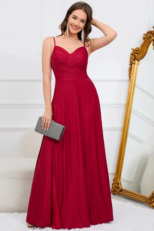 A Line Spaghetti Straps Burgundy Long Bridesmaid Dress sold by Zapaka