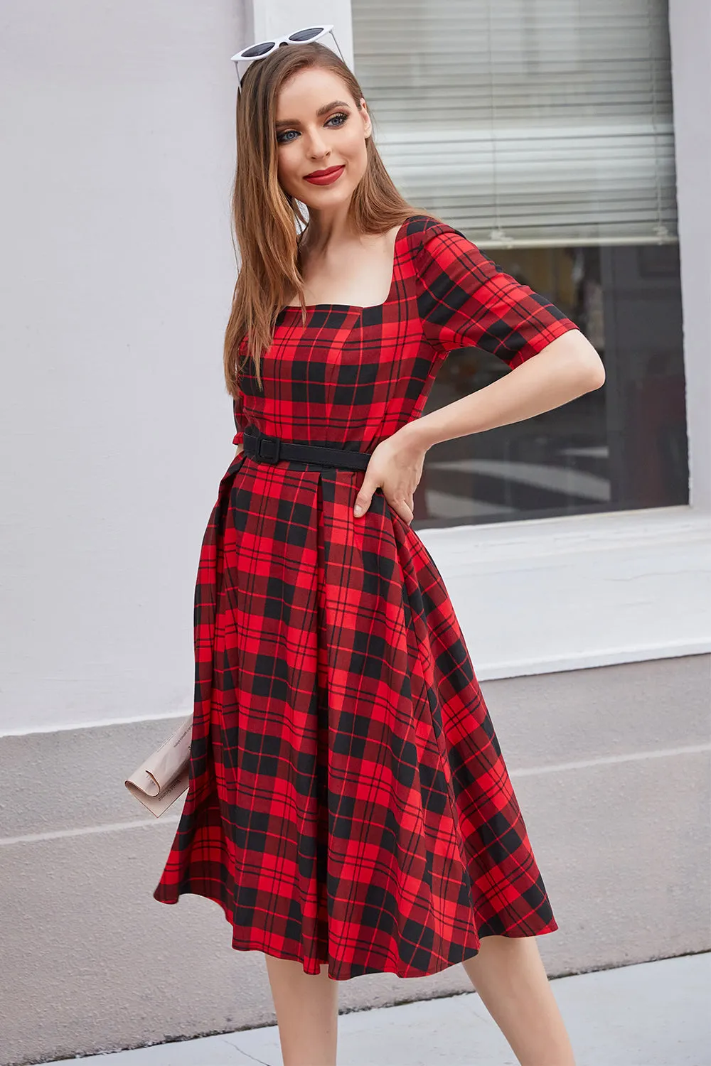 Red Plaid Square Neck 1950s Dress sold by Zapaka product image thumbnail 3