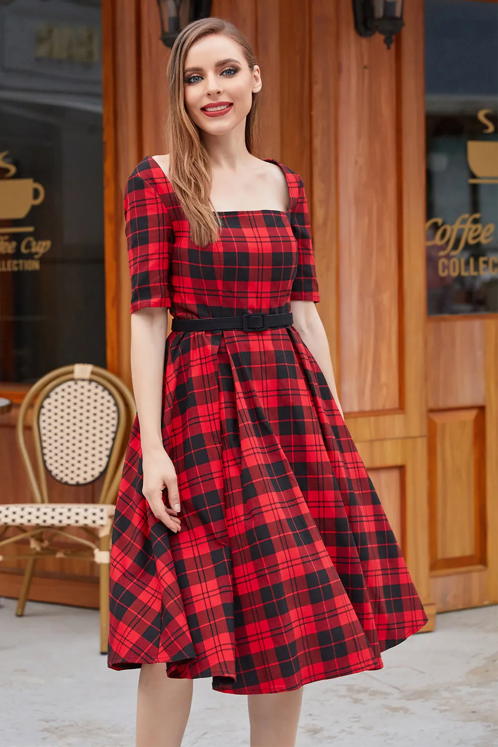 Red Plaid Square Neck 1950s Dress sold by Zapaka product image thumbnail 4